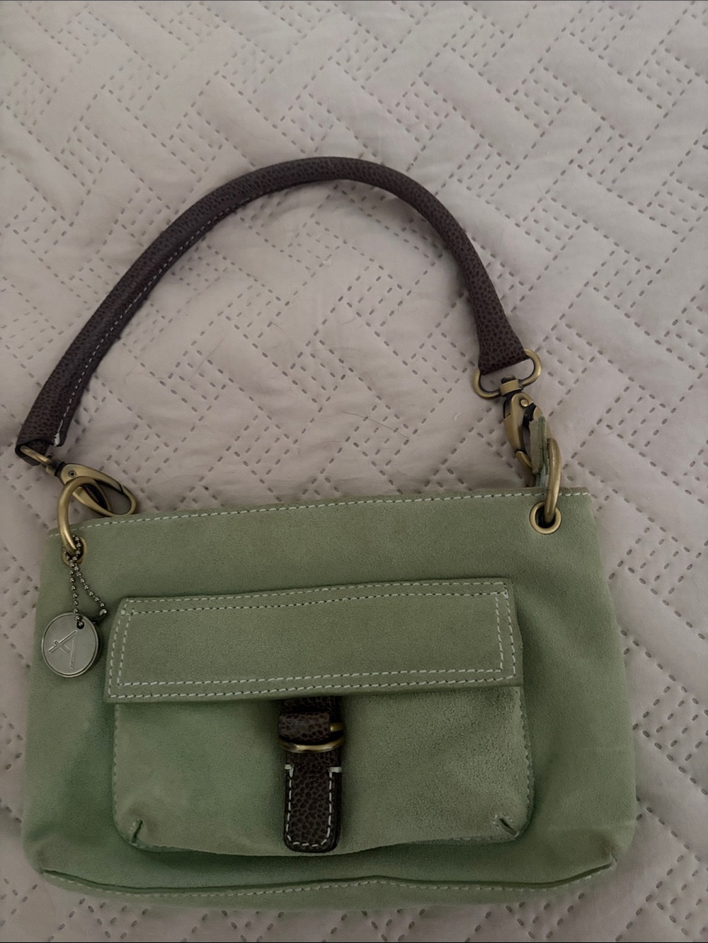 AEROSOLES Sage Green Suede Shoulder Bag with Brown Strap